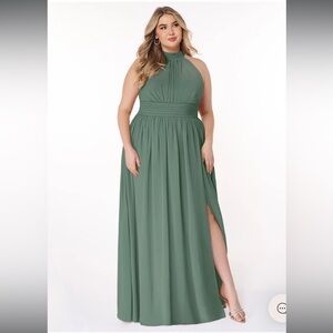 Elegant Eucalyptus Green A-Line Halter Ruched Chiffon Maxi Dress